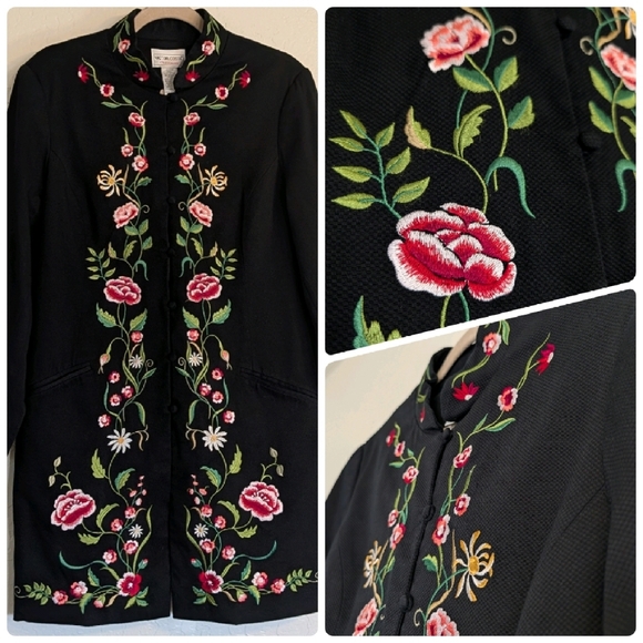 Victor Costa Jackets & Blazers - VTG 90s Victor Costa Occasion Black Floral Embroidery Duster Jacket Boho Cottage